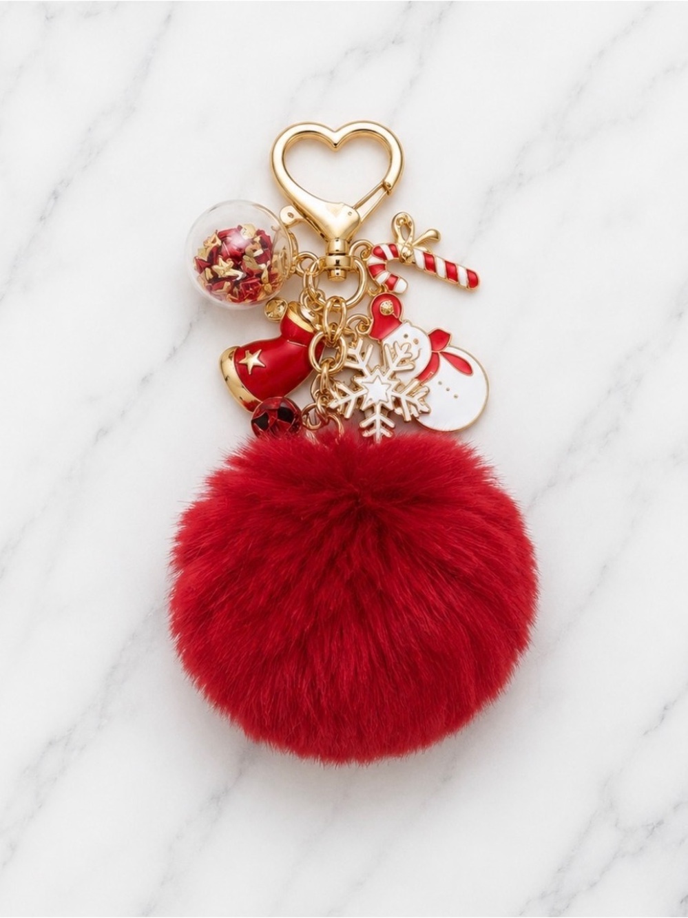 Red Holiday Pom Pom Bag Charm/Keyring-Snowman & Holiday Charms -Gold Hardware
